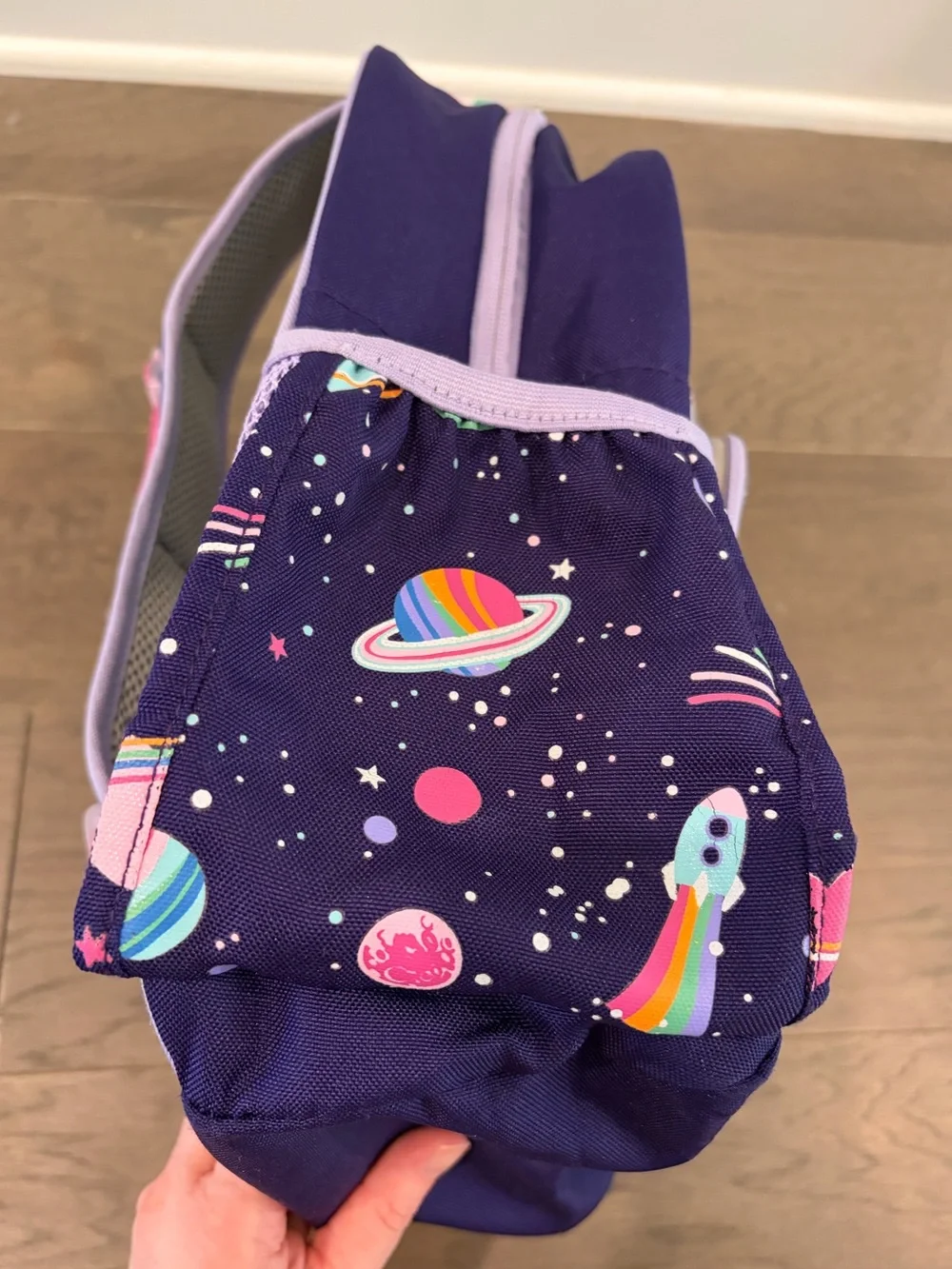 “Emily” SMALL PBK backpack, 15”, purple rainbow heart galaxy. USED